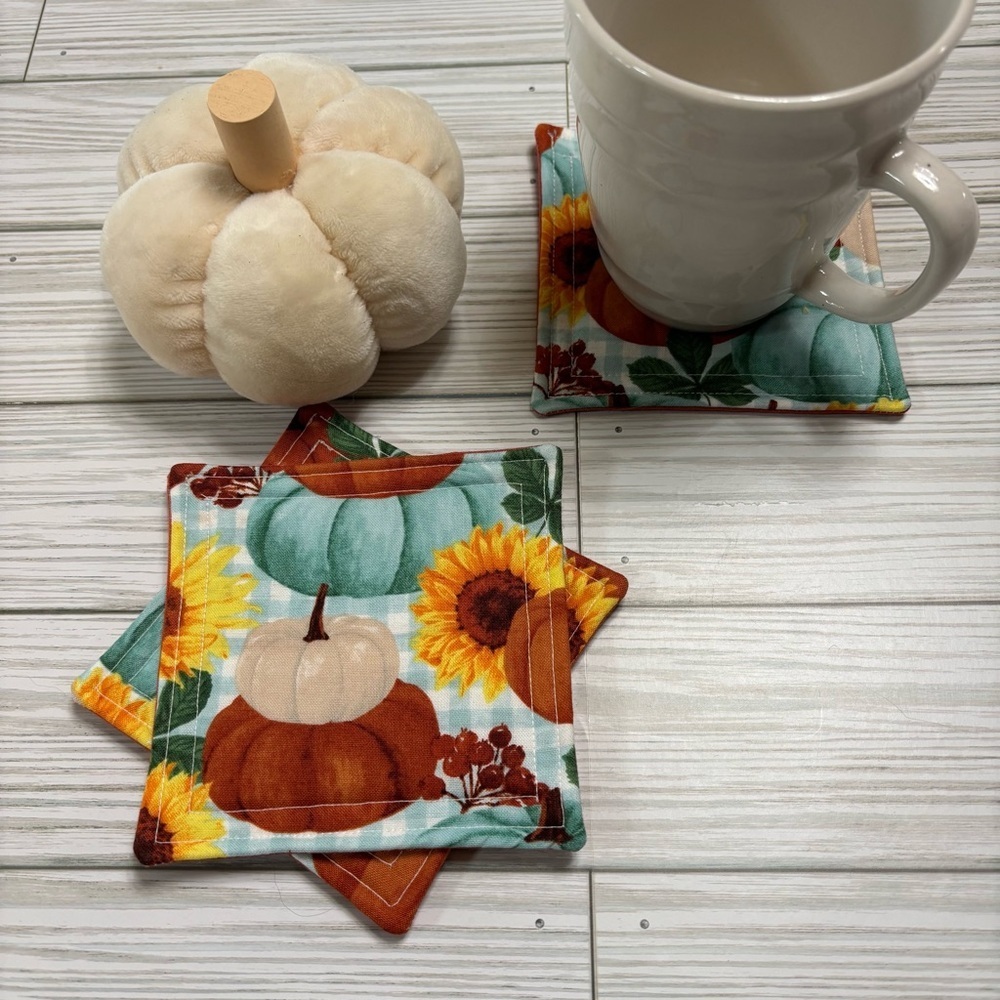 Handmade Fall Pumpkin Gingham Reusable Washable Fabric Coasters